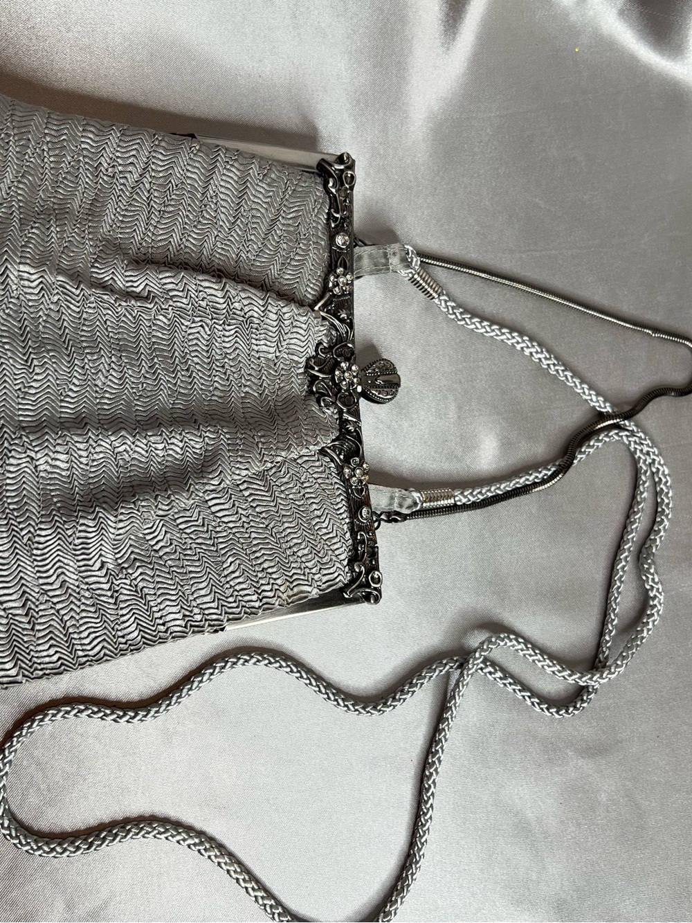 Kate Landry Silver Satin Evening Clutch Bag Metallic Crown Clasp Wedding Prom